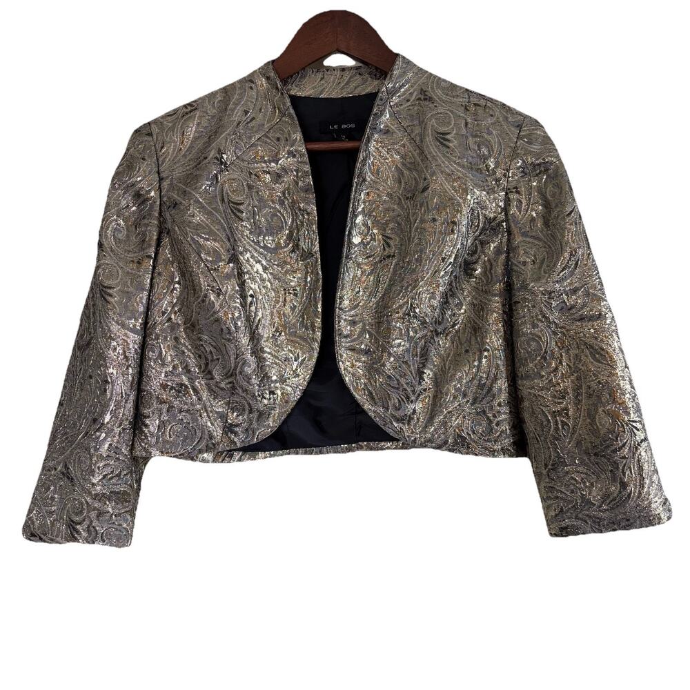 Le Bos Gold Paisley Bolero Jacket 3/4 Sleeves Shrug Tag Size 14 Fits 12 Lux Glam